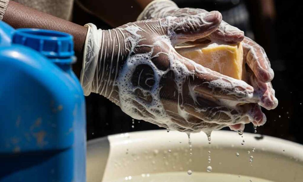 Close-up being washed with soap and water bowl during a health demonstration.