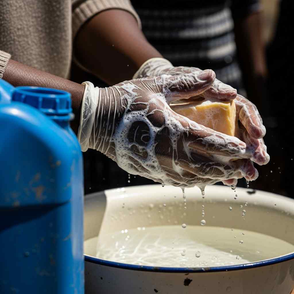 Close-up being washed with soap and water bowl during a health demonstration.