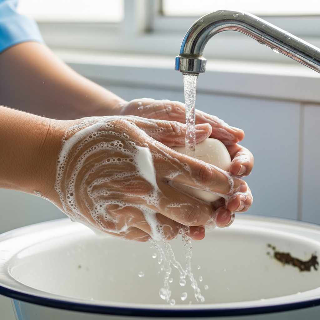 Healthcare worker's hands covered lather under running tap water.