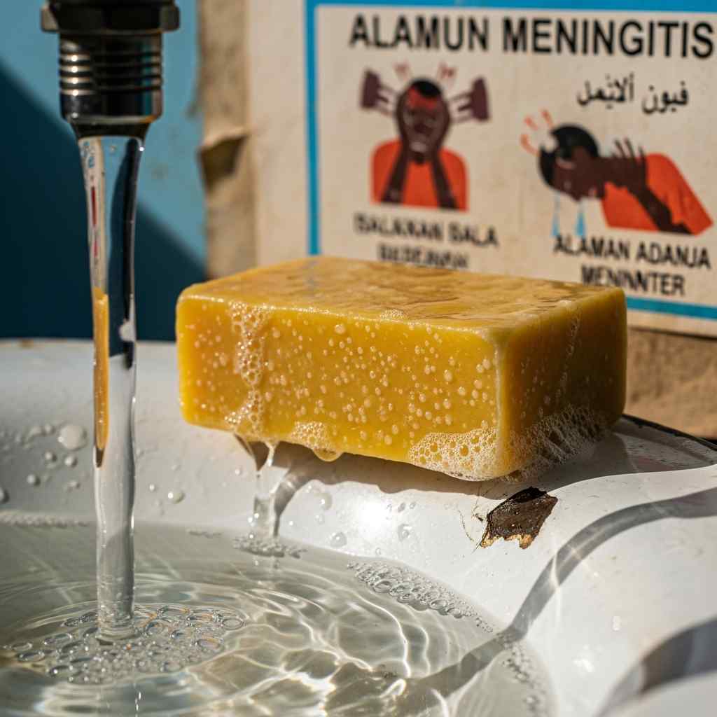 Close-up and running water with a health poster about symptoms.