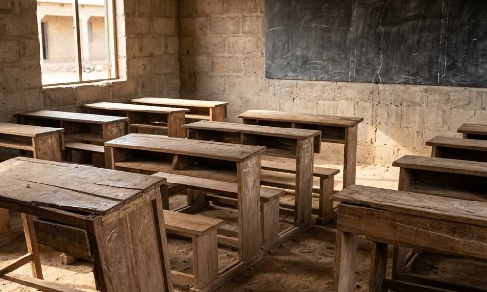 A 1:1 square photo of a desolate rural classroom in Nigeria. The wooden desks are old and dusty, some are broken, and the room is empty of students. The walls are made of weathered concrete with a cracked chalkboard at the front. Natural light streams in from a window without a frame, emphasizing the gap in rural educational infrastructure. No people or faces are visible.