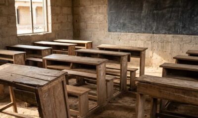 A 1:1 square photo of a desolate rural classroom in Nigeria. The wooden desks are old and dusty, some are broken, and the room is empty of students. The walls are made of weathered concrete with a cracked chalkboard at the front. Natural light streams in from a window without a frame, emphasizing the gap in rural educational infrastructure. No people or faces are visible.