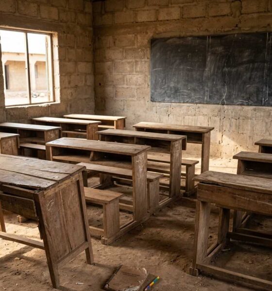 A 1:1 square photo of a desolate rural classroom in Nigeria. The wooden desks are old and dusty, some are broken, and the room is empty of students. The walls are made of weathered concrete with a cracked chalkboard at the front. Natural light streams in from a window without a frame, emphasizing the gap in rural educational infrastructure. No people or faces are visible.