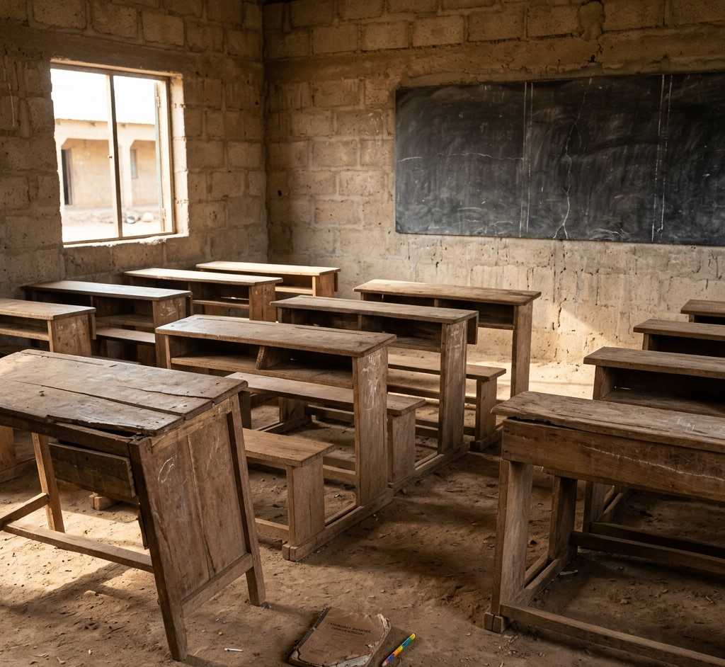 A 1:1 square photo of a desolate rural classroom in Nigeria. The wooden desks are old and dusty, some are broken, and the room is empty of students. The walls are made of weathered concrete with a cracked chalkboard at the front. Natural light streams in from a window without a frame, emphasizing the gap in rural educational infrastructure. No people or faces are visible.