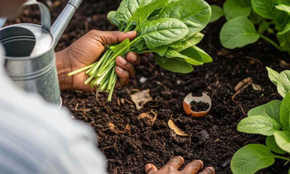 Gardener's hands holding fresh spinach and a watering can, compost-rich soil.