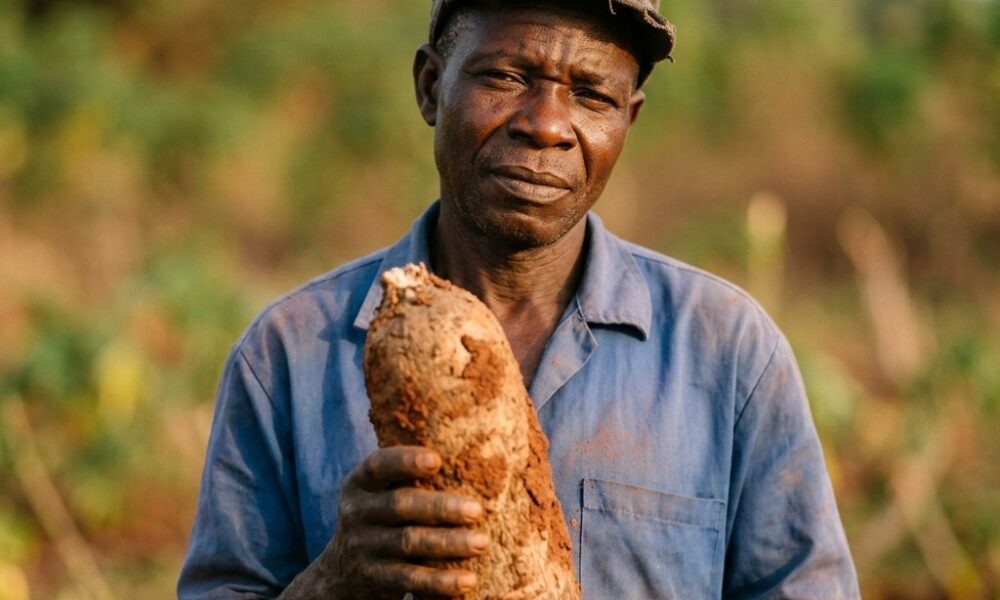 Nigerian yam farmer lifting harvested yam tubers from red soil on farm in Benue StateFeatured Image Description:
Digital photograph of a middle-aged Nigerian farmer in work clothes standing in a yam farm during harvest season. He holds one large yam tuber freshly lifted from the ground, soil still clinging to the brown skin. The farm extends behind him but image composition keeps focus on farmer and yam. Red earth typical of Benue visible. Late morning sunlight. No other people visible. Date stamp indicates current agricultural season.Featured Image Title:
nigerian-yam-farmer-benue-harvest-2026.jpg