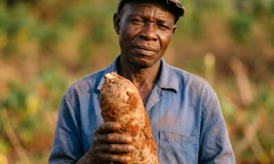Nigerian yam farmer lifting harvested yam tubers from red soil on farm in Benue StateFeatured Image Description:
Digital photograph of a middle-aged Nigerian farmer in work clothes standing in a yam farm during harvest season. He holds one large yam tuber freshly lifted from the ground, soil still clinging to the brown skin. The farm extends behind him but image composition keeps focus on farmer and yam. Red earth typical of Benue visible. Late morning sunlight. No other people visible. Date stamp indicates current agricultural season.Featured Image Title:
nigerian-yam-farmer-benue-harvest-2026.jpg