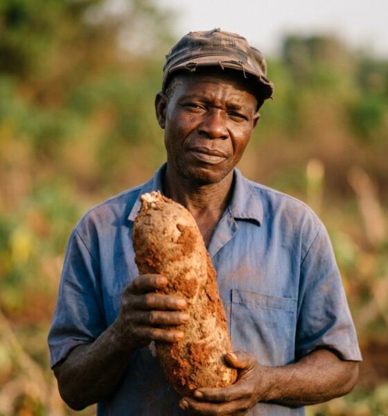 Nigerian yam farmer lifting harvested yam tubers from red soil on farm in Benue StateFeatured Image Description:
Digital photograph of a middle-aged Nigerian farmer in work clothes standing in a yam farm during harvest season. He holds one large yam tuber freshly lifted from the ground, soil still clinging to the brown skin. The farm extends behind him but image composition keeps focus on farmer and yam. Red earth typical of Benue visible. Late morning sunlight. No other people visible. Date stamp indicates current agricultural season.Featured Image Title:
nigerian-yam-farmer-benue-harvest-2026.jpg