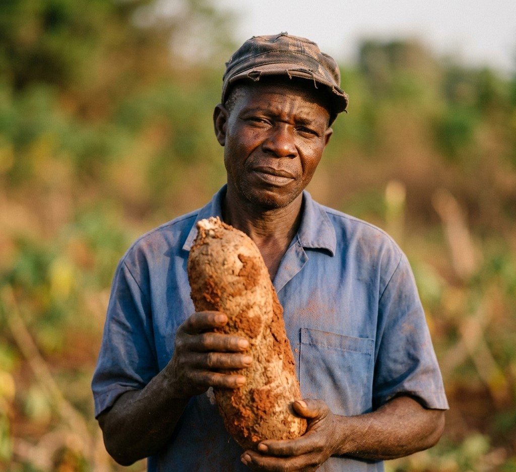 Nigerian yam farmer lifting harvested yam tubers from red soil on farm in Benue StateFeatured Image Description:
Digital photograph of a middle-aged Nigerian farmer in work clothes standing in a yam farm during harvest season. He holds one large yam tuber freshly lifted from the ground, soil still clinging to the brown skin. The farm extends behind him but image composition keeps focus on farmer and yam. Red earth typical of Benue visible. Late morning sunlight. No other people visible. Date stamp indicates current agricultural season.Featured Image Title:
nigerian-yam-farmer-benue-harvest-2026.jpg