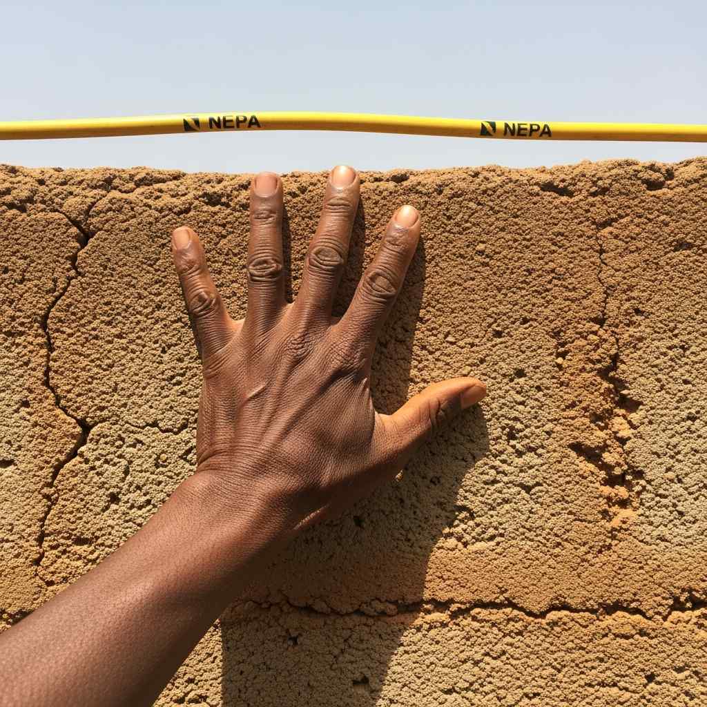 A hand resting on cracked concrete with a frayed electrical cable in the background.