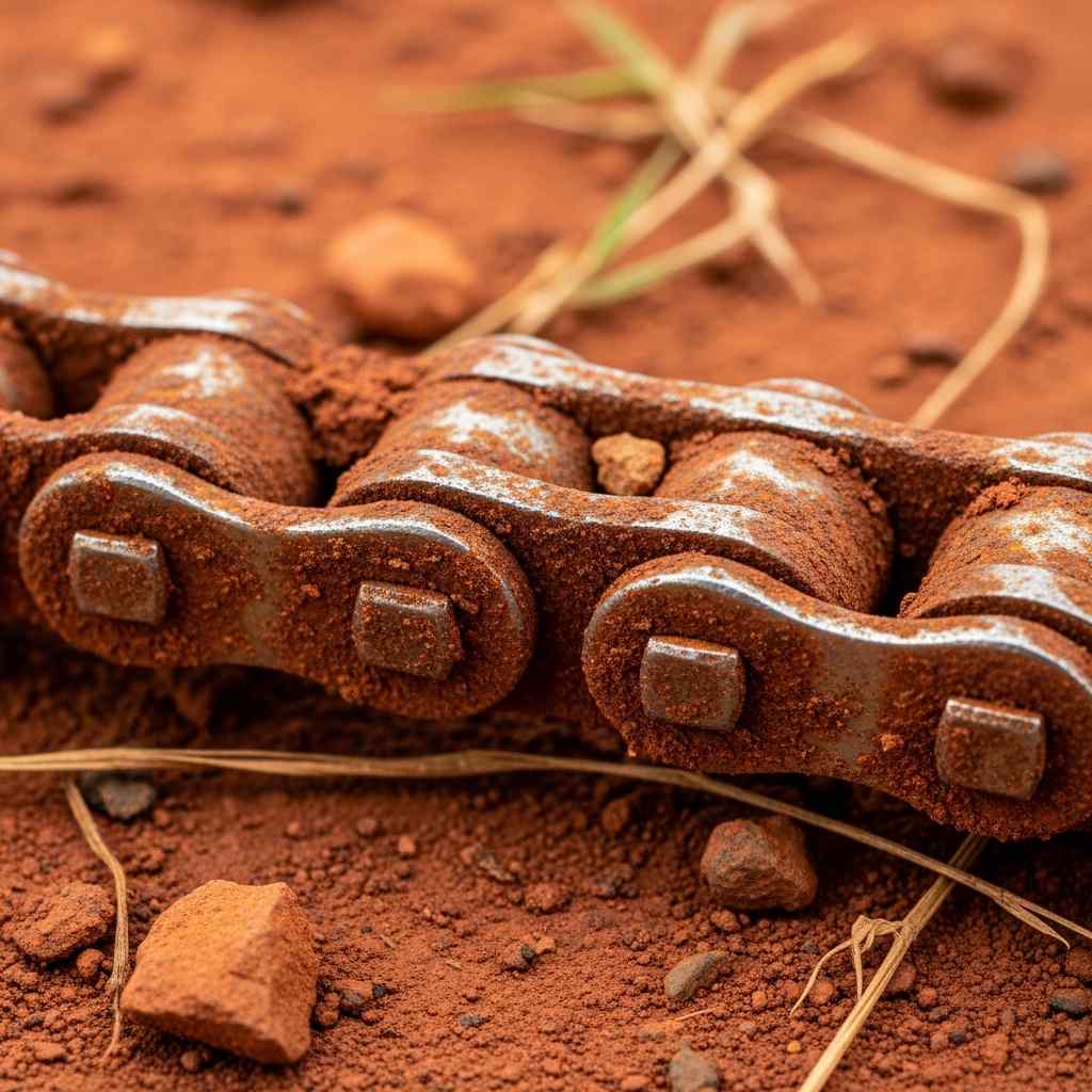 Close-up of a rusted motorcycle chain partially buried in red Nigerian soil.