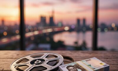 A 1:1 professional photo of a vintage film reel and a stack of Naira notes on a wooden table, representing the self-funded history of Nollywood.Featured Image Description:
This professional 1:1 image captures the independent financial roots of the Nigerian film industry, featuring classic film equipment and local currency to symbolize self-reliance.Featured Image Title:
nollywood-independent-growth-history-2026.jpg