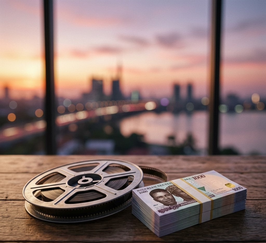 A 1:1 professional photo of a vintage film reel and a stack of Naira notes on a wooden table, representing the self-funded history of Nollywood.Featured Image Description:
This professional 1:1 image captures the independent financial roots of the Nigerian film industry, featuring classic film equipment and local currency to symbolize self-reliance.Featured Image Title:
nollywood-independent-growth-history-2026.jpg