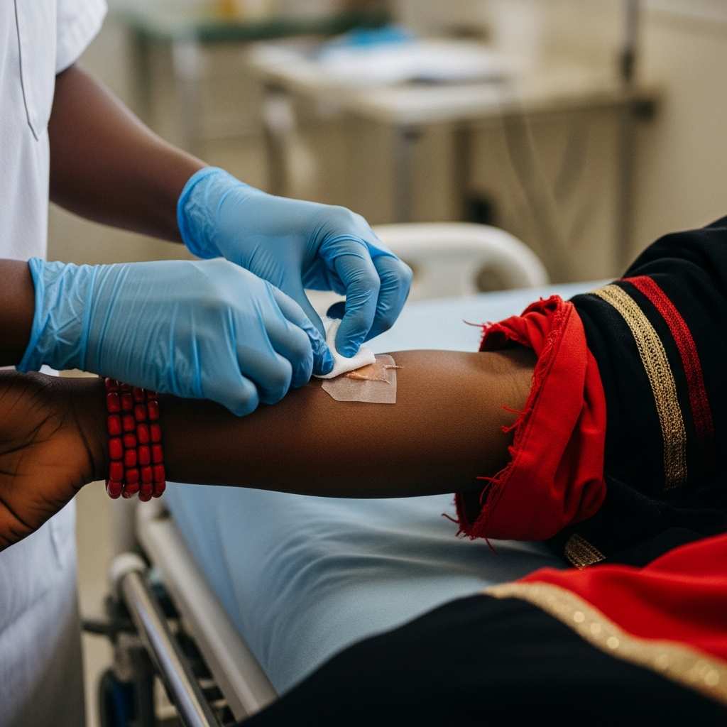 Hands cleaning a wound on an arm dressed in costume