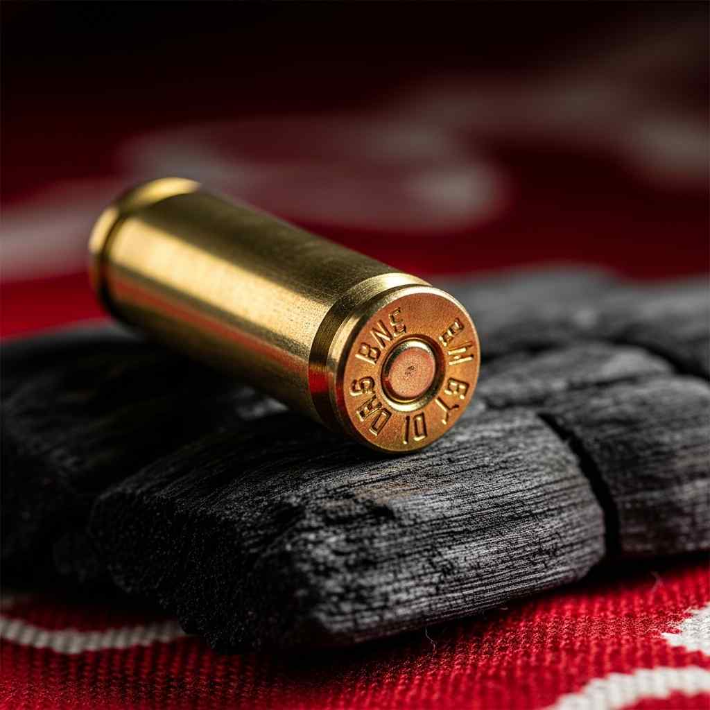 Brass bullet casing resting on scorched wood and red fabric