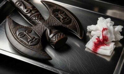 A carved wooden double-headed axe lies on a metal medical tray next to stained gauze.