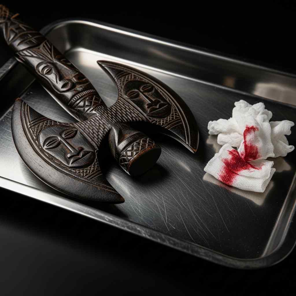 A carved wooden double-headed axe lies on a metal medical tray next to stained gauze.
