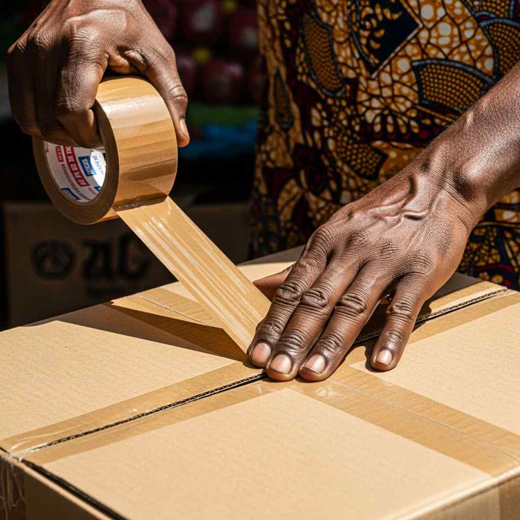 Close-up sealing a cardboard box with tape bright outdoor market