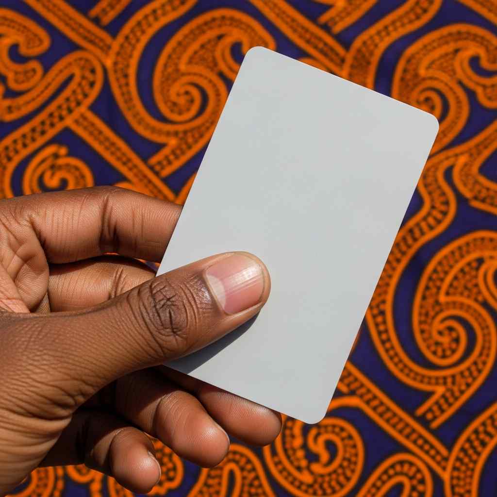 Close-up hand holding a pla over colorful patterned textile