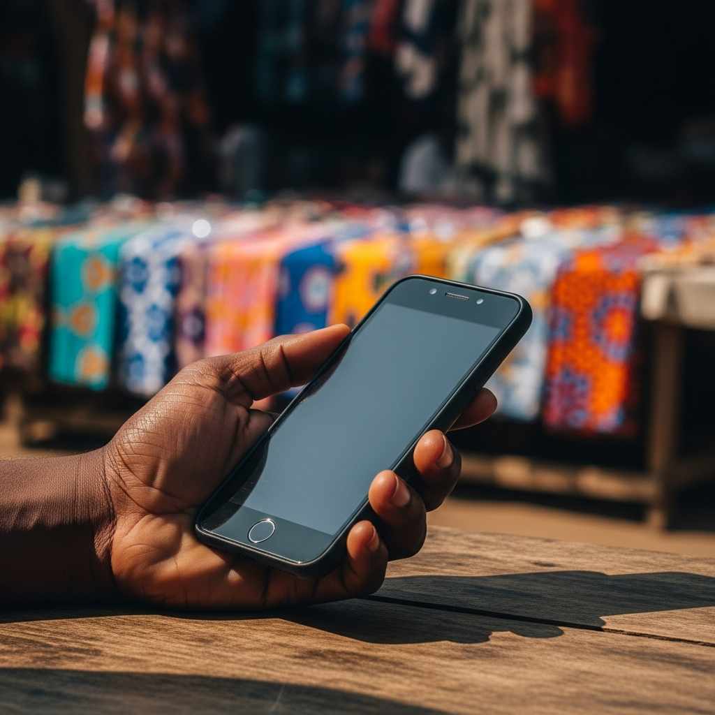 Hand holding smartphone in a sunlit outdoor market