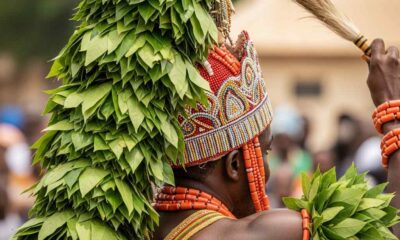Owo festival chief leaf headdress performing ritual dance.