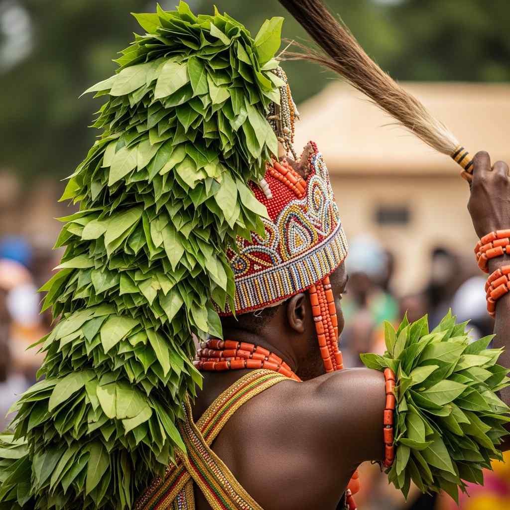 Owo festival chief leaf headdress performing ritual dance.