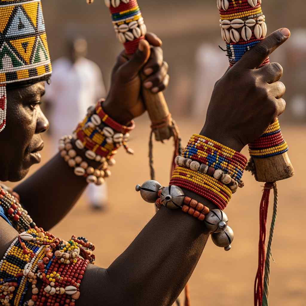 Close-up hands holding a ceremonial staff during a traditional festival dance.