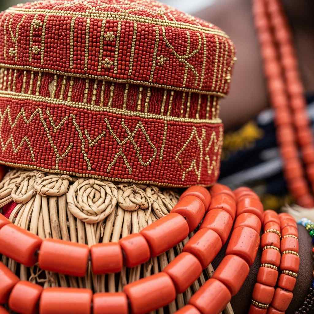 Detailed close-up beaded crown, coral necklaces, and woven cane.