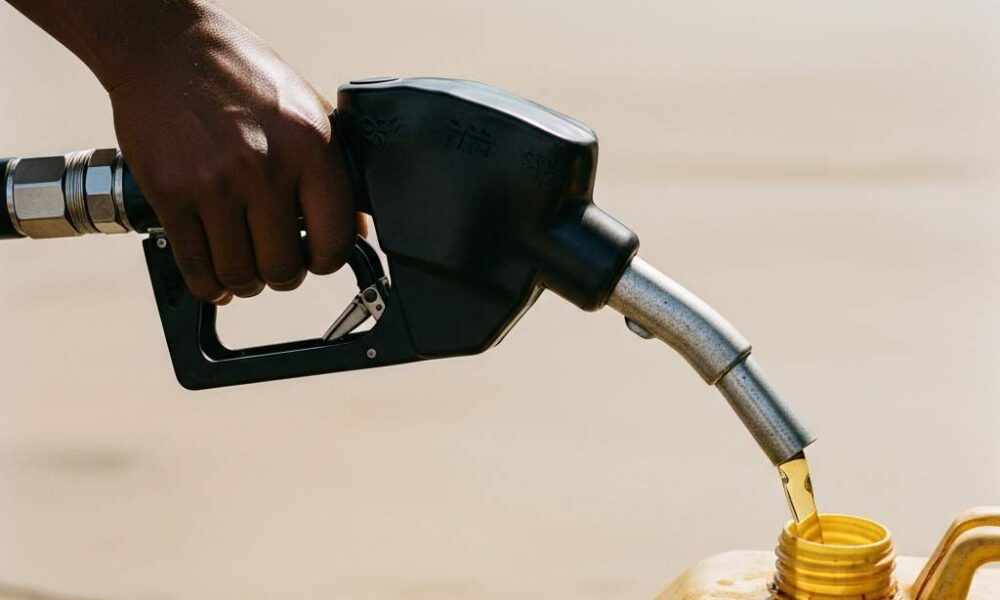 A hand holding a fuel nozzle and dispensing petrol into a yellow plastic jerry can.