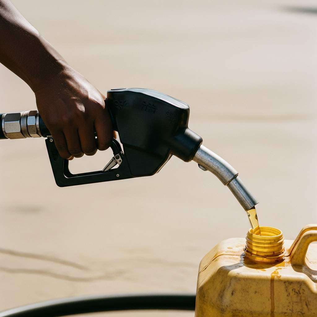 A hand holding a fuel nozzle and dispensing petrol into a yellow plastic jerry can.