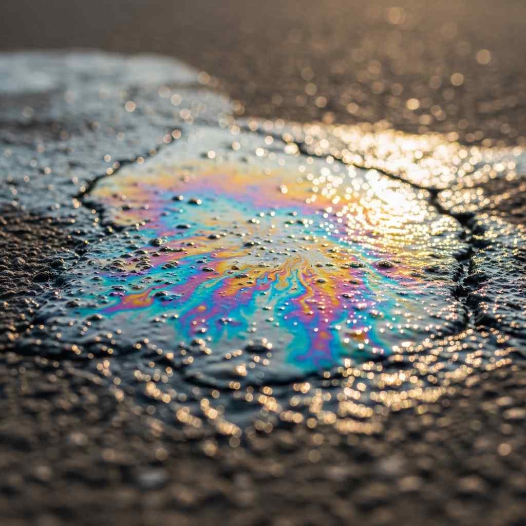 Close-up colorful oil slick on dark, cracked pavement.