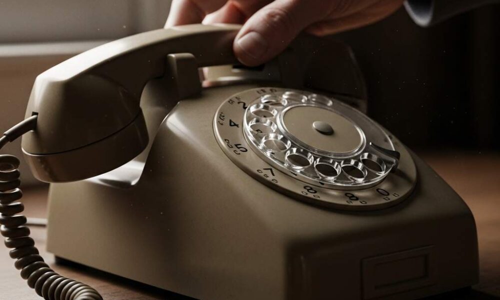 A hand placing a vintage telephone receiver down on a wooden surface.