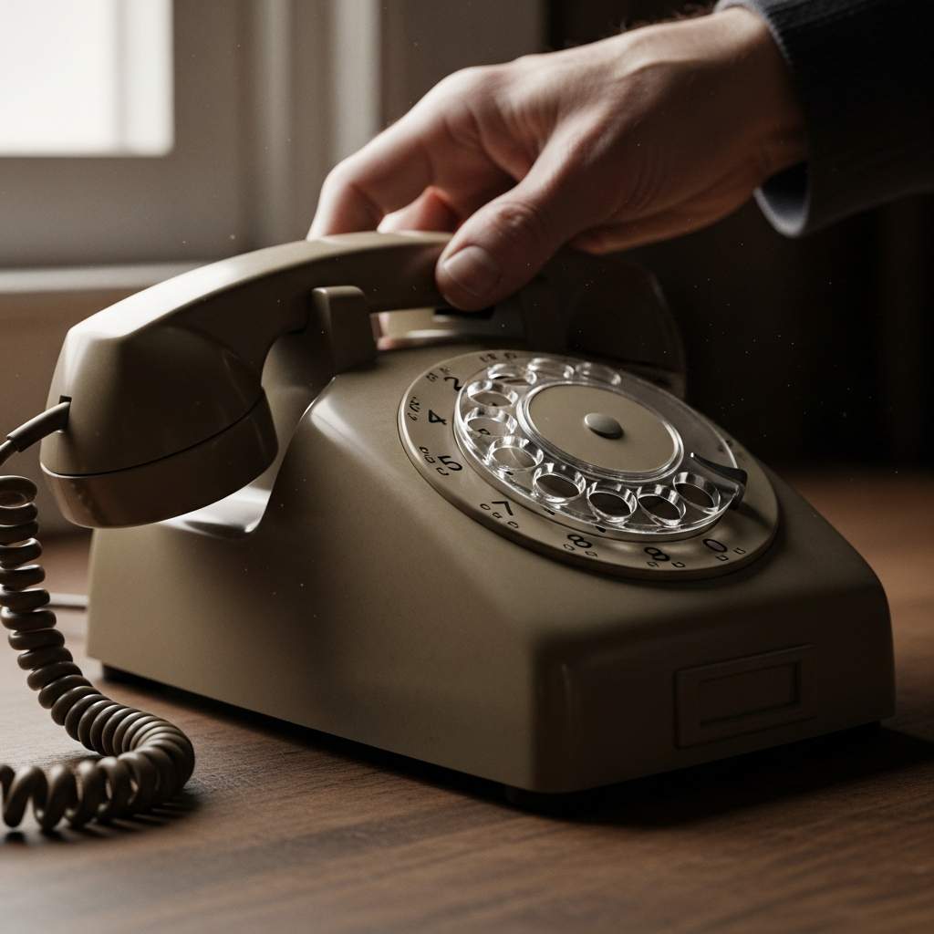 Hand placing receiver on a quiet, old rotary phone, symbolizing silent customer lines.