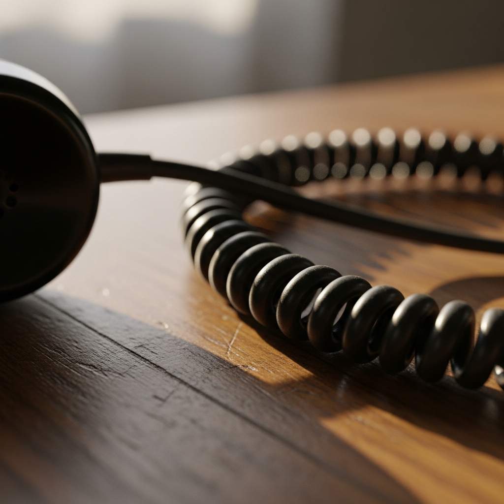Close-up of a vintage phone receiver and its coiled cord on a wooden table, bathed in sunlight.