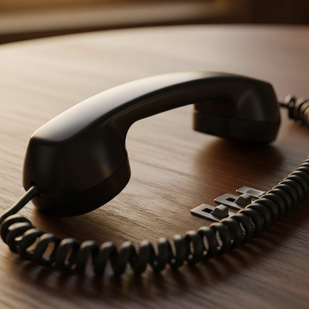 Extreme close-up black desk telephone receiver resting quietly cradle.