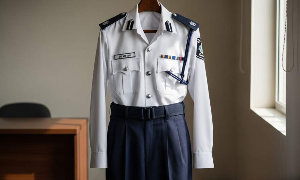 A crisp a police uniform hangs neatly, symbolizing professionalization reforms.