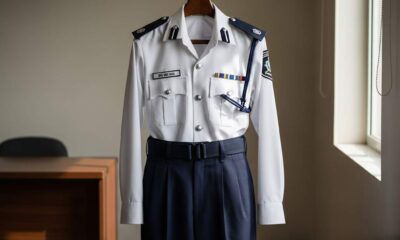A crisp a police uniform hangs neatly, symbolizing professionalization reforms.