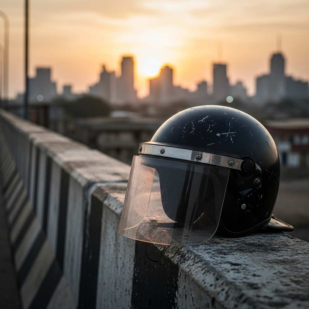 Empty police riot helmet on barrier at dusk with skyline backdrop