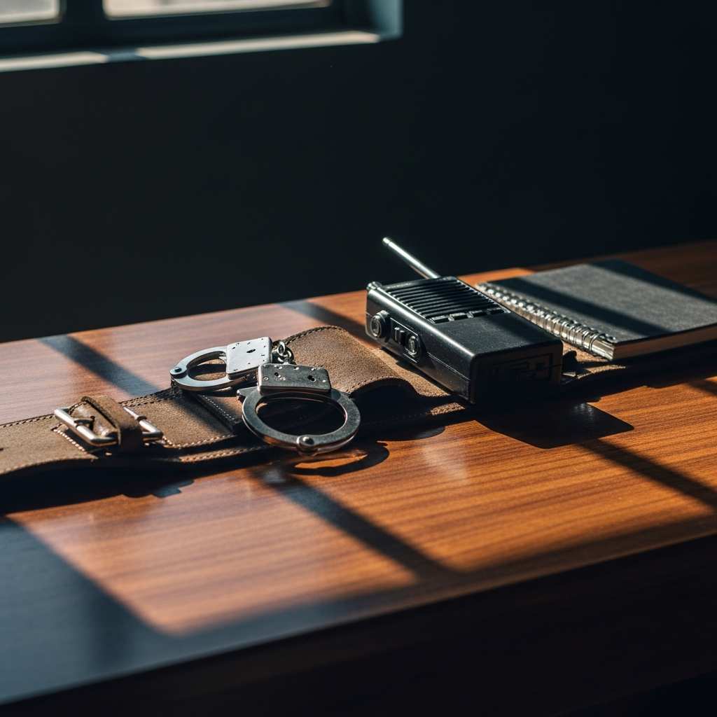 A police utility belt with handcuffs and radio on a desk in a station, morning light.