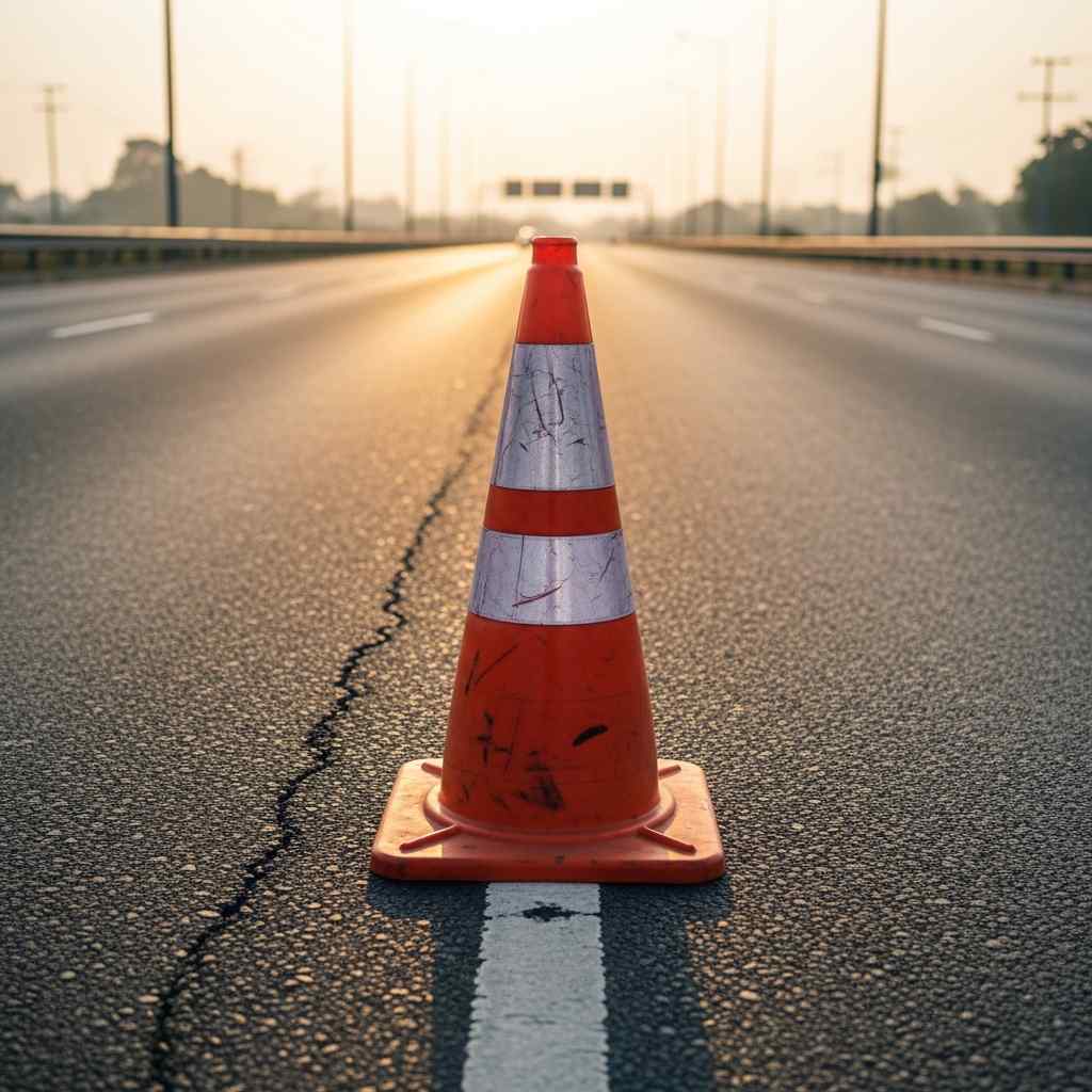 A single orange traffic cone on an empty Lagos highway at sunrise, symbolizing public order infrastructure.