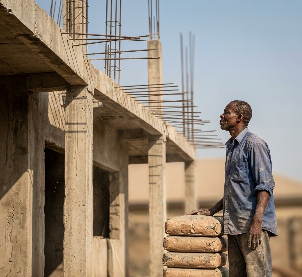 Real Estate Outlook 2026 Nigeria showing incomplete building structure with exposed reinforcement bars and blue sky backgroundFeatured Image Description:
Digital photograph of an abandoned residential building construction site in a Nigerian urban area. Concrete columns rise three floors with reinforcement rods rusting at the top. No workers present. Construction materials scattered below. Weeds growing around foundation. Taken in early 2026 during dry season. Represents stalled projects due to cost overruns.Featured Image Title:
real-estate-outlook-2026-abandoned-construction.jpg