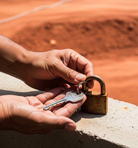 Hands holding a new key against a rusted padlock on a concrete ledge.