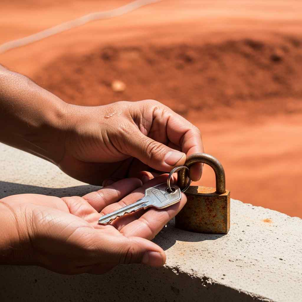New key held against a rusted padlock on concrete