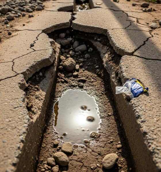 Close-up of a cracked concrete drainage channel in dry Kaduna landscape, showing erosion and negl...
