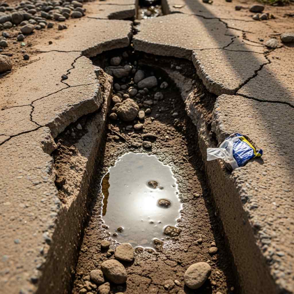 Close-up of a cracked concrete drainage channel in dry Kaduna landscape, showing erosion and negl...
