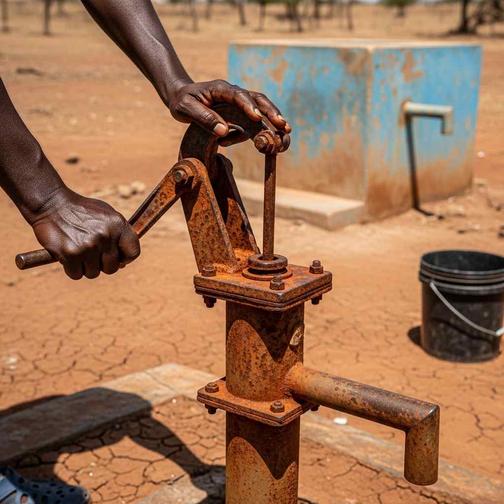 Hands from behind gripping a rusted water pump handle in dry Nigerian soil.