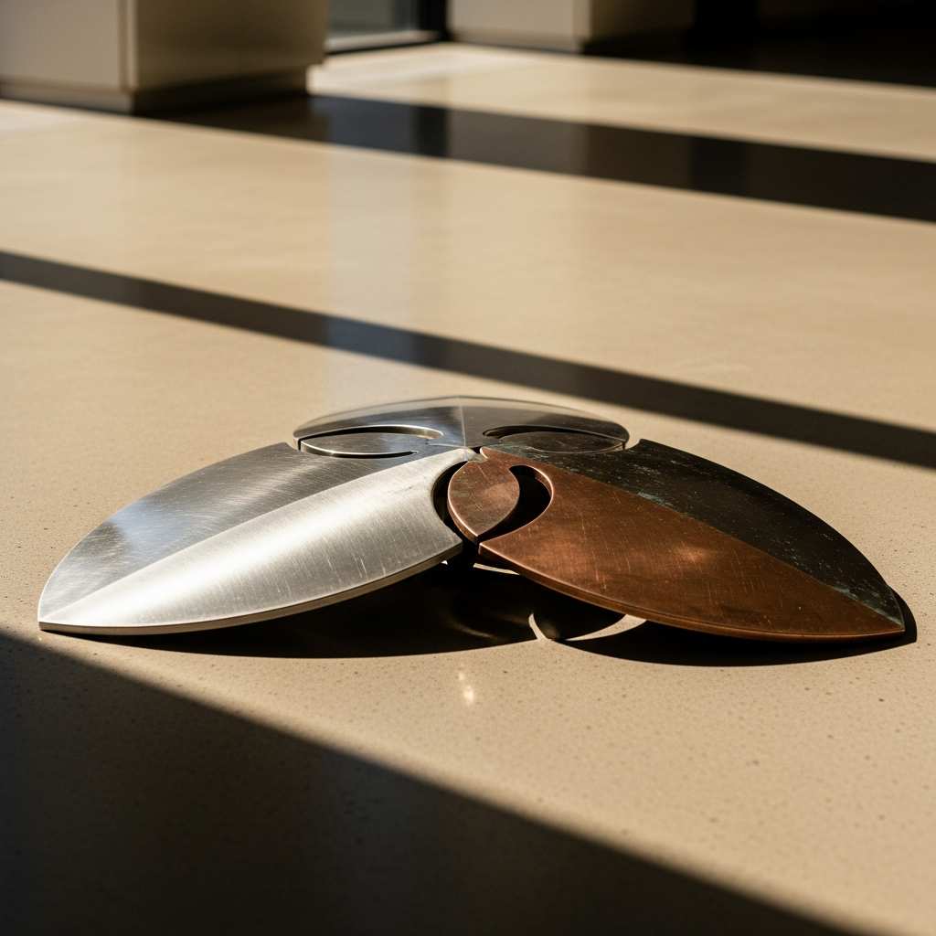Three interlocking metal shields on concrete, symbolizing regional security cooperation.