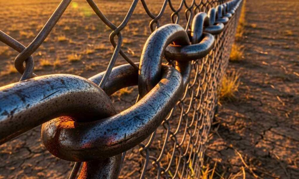 Interlocking metal border fence in Nigeria at sunrise, symbolizing regional security cooperation.