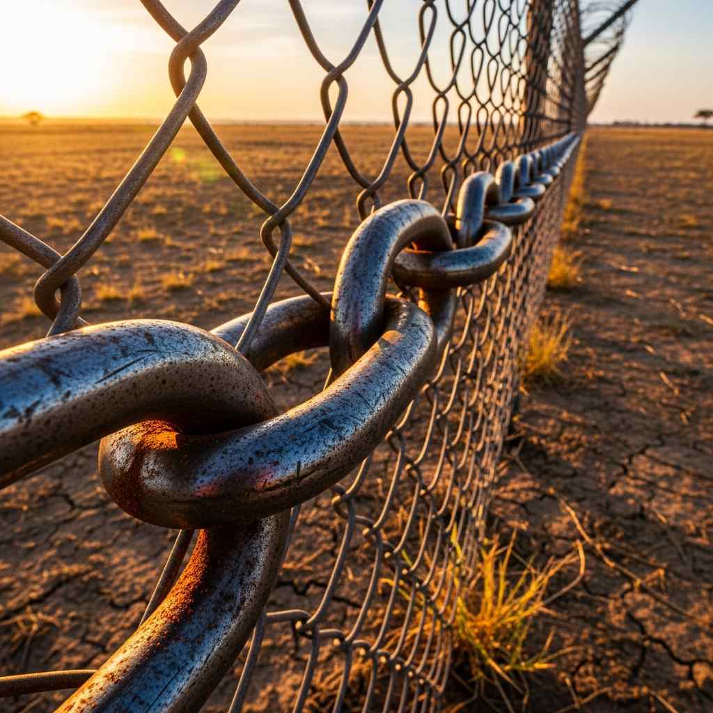 Interlocking metal border fence in Nigeria at sunrise, symbolizing regional security cooperation.
