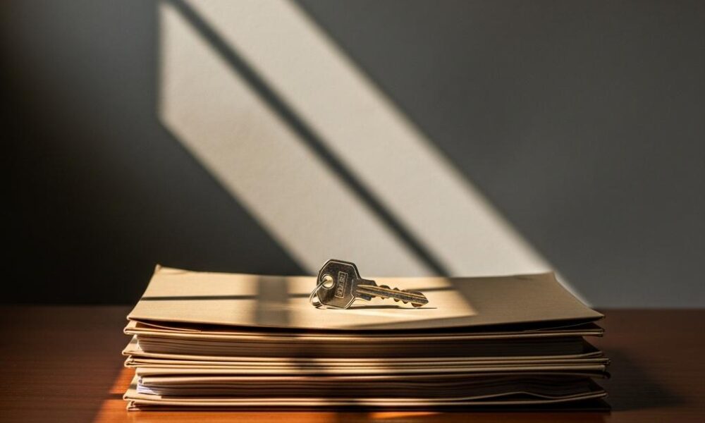 A brass key on closed case files, symbolizing rehabilitation and new beginnings.